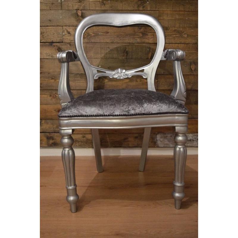 Shabby Chic Balloon Back Chair with Arms Silver Velvet