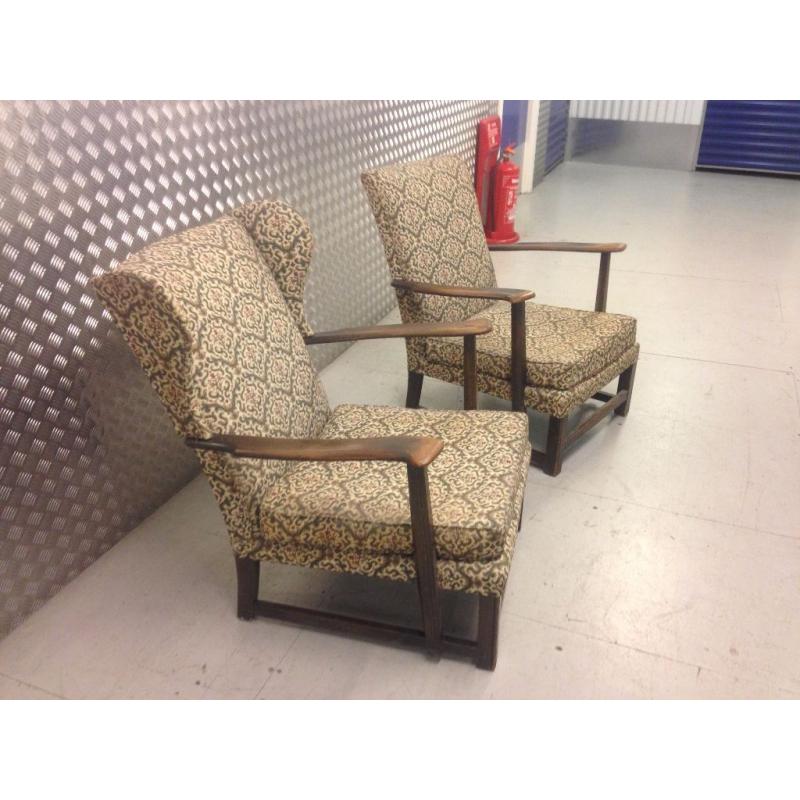 Pair of Vintage 1930's Antique Oak Armchairs William Morris or Parker Knoll Retro Chairs VGC