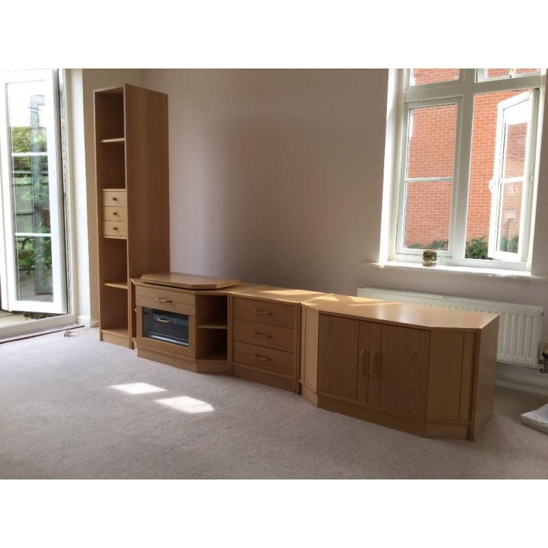 Four beautiful Tohiti cabinets & separate shelf. In light oak finish. All in excellent condition.