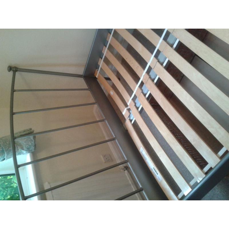 Large double bed, metal frame, wooden slatted base