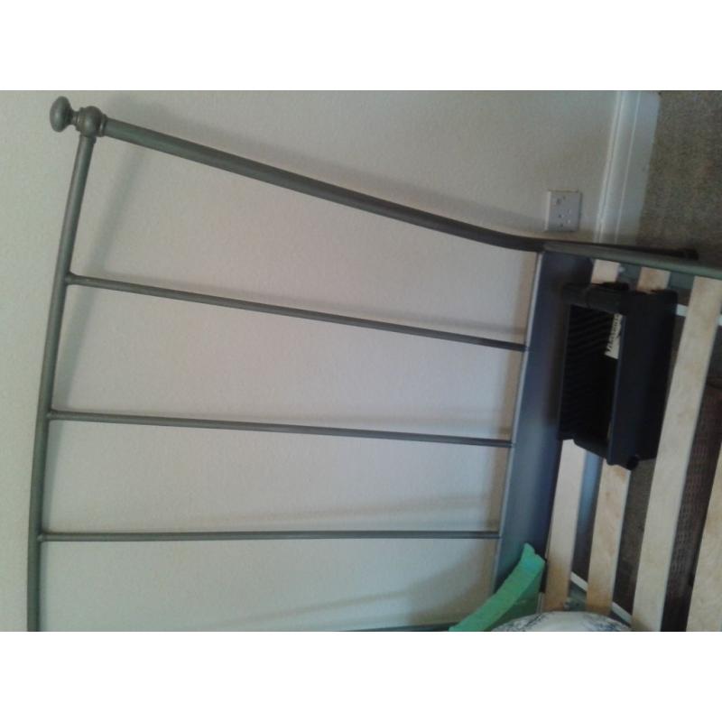 Large double bed, metal frame, wooden slatted base