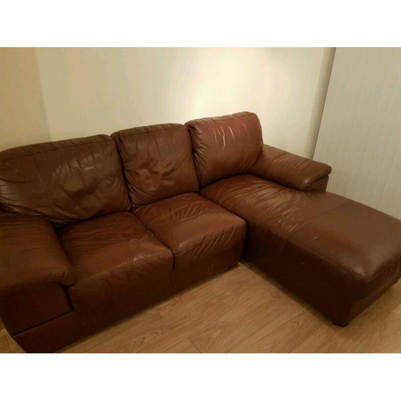 Brown Leather Chaise Loinge Sofa (L shaped)