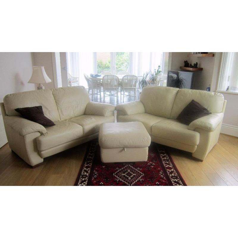 Two Cream Leather Settees & Matching Foot-stall For Sale