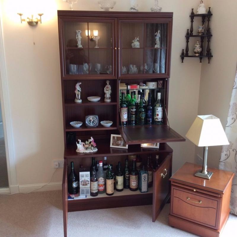 Glass fronted G PLAN mahogany Display cabinet with drop-down drinks servery.