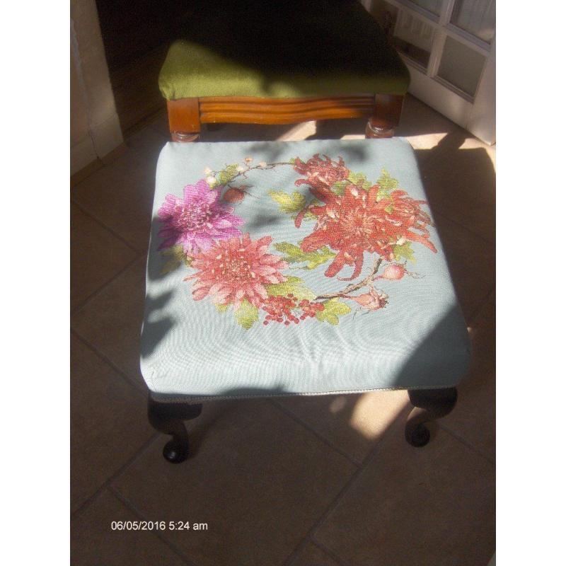 large vintage blue footstool tapestry top floral and plastic legs