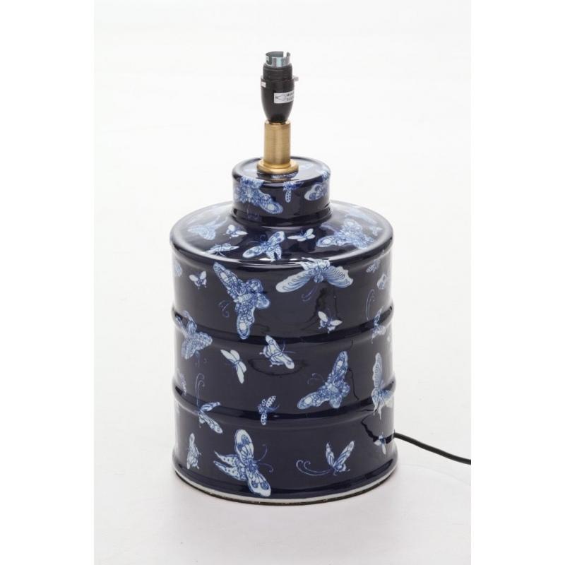 Blue ceramic lamp with hand painted white butterflies