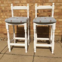 2 x wooden kitchen stools with upholstered seats