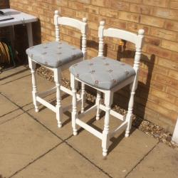 2 x wooden kitchen stools with upholstered seats