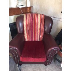 Burgundy faux leather and fabric reading chair