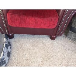 Burgundy faux leather and fabric reading chair