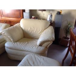 Leather Two Seater Sofa, Armchair and Footstool in pale yellow