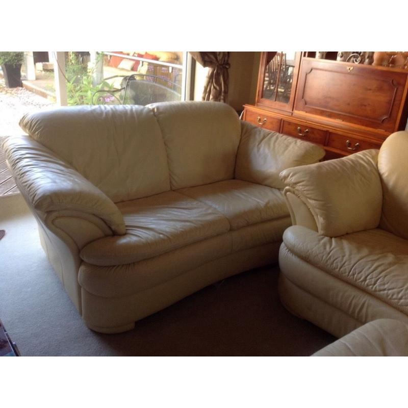 Leather Two Seater Sofa, Armchair and Footstool in pale yellow