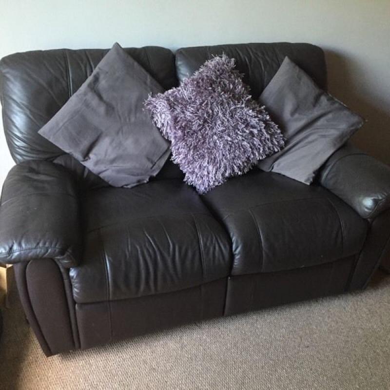 Brown leather 2 seater recliner sofa & beanbag