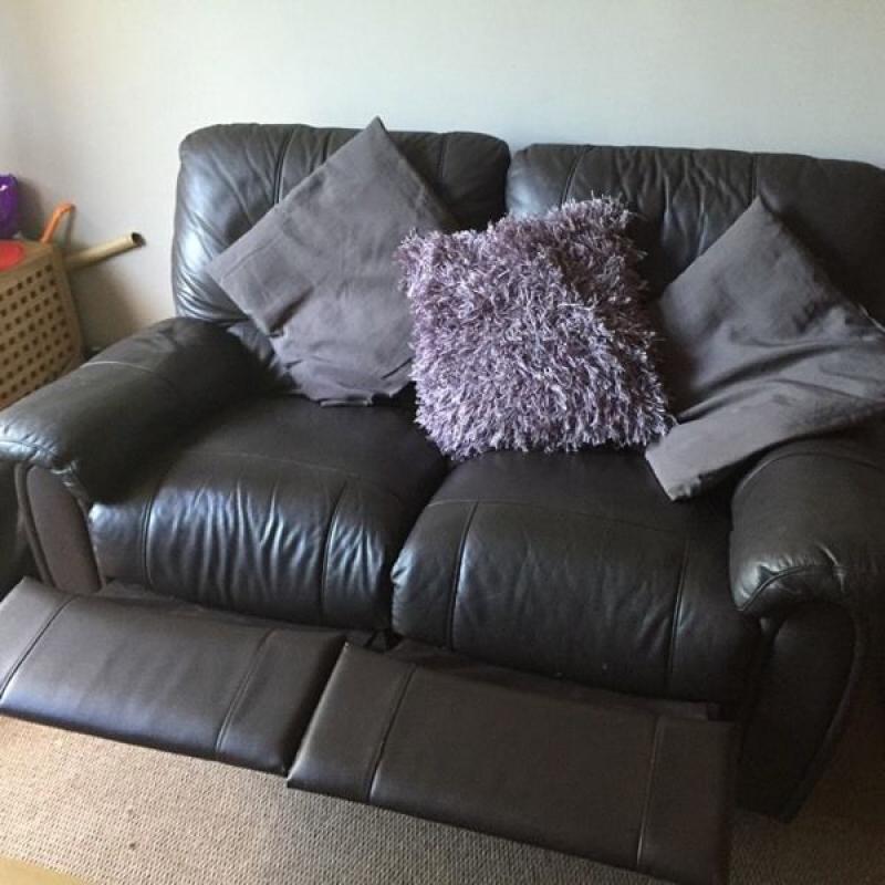 Brown leather 2 seater recliner sofa & beanbag