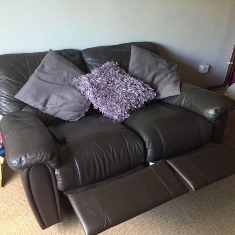 Brown leather 2 seater recliner sofa & beanbag