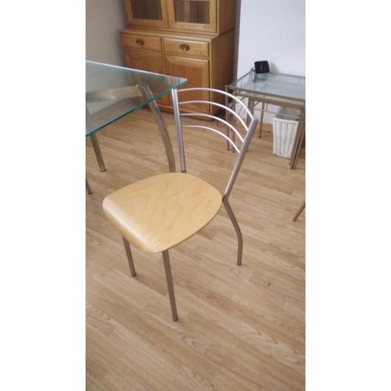 Glass top dining table with chrome/beech base and 4 matching chairs