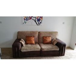 LIGHT BROWN CHENILLE & SUEDE LARGE 3 SEATER SOFA FOR SALE.