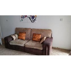 LIGHT BROWN CHENILLE & SUEDE LARGE 3 SEATER SOFA FOR SALE.