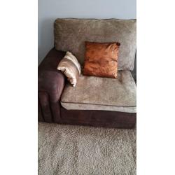 LIGHT BROWN CHENILLE & SUEDE LARGE 3 SEATER SOFA FOR SALE.