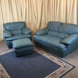 Green Leather Suite - 2 Seater Sofa Armchair & Footstool