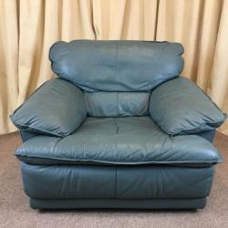 Green Leather Suite - 2 Seater Sofa Armchair & Footstool