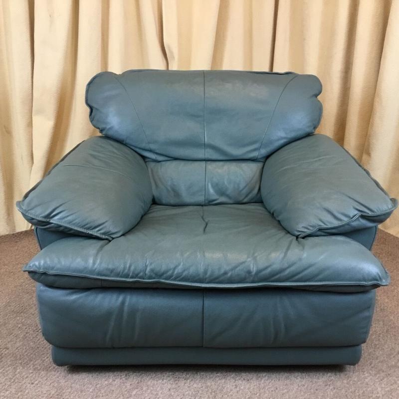 Green Leather Suite - 2 Seater Sofa Armchair & Footstool