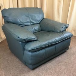 Green Leather Suite - 2 Seater Sofa Armchair & Footstool