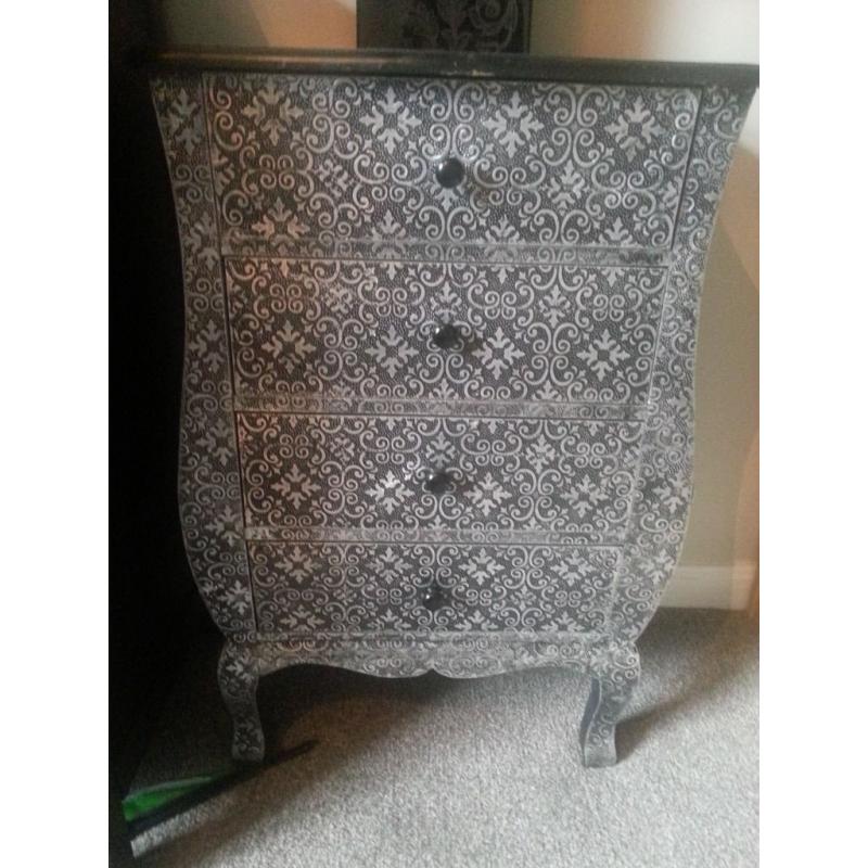 Solid shabby chic french style drawers bedside table black silver bedroom furniture