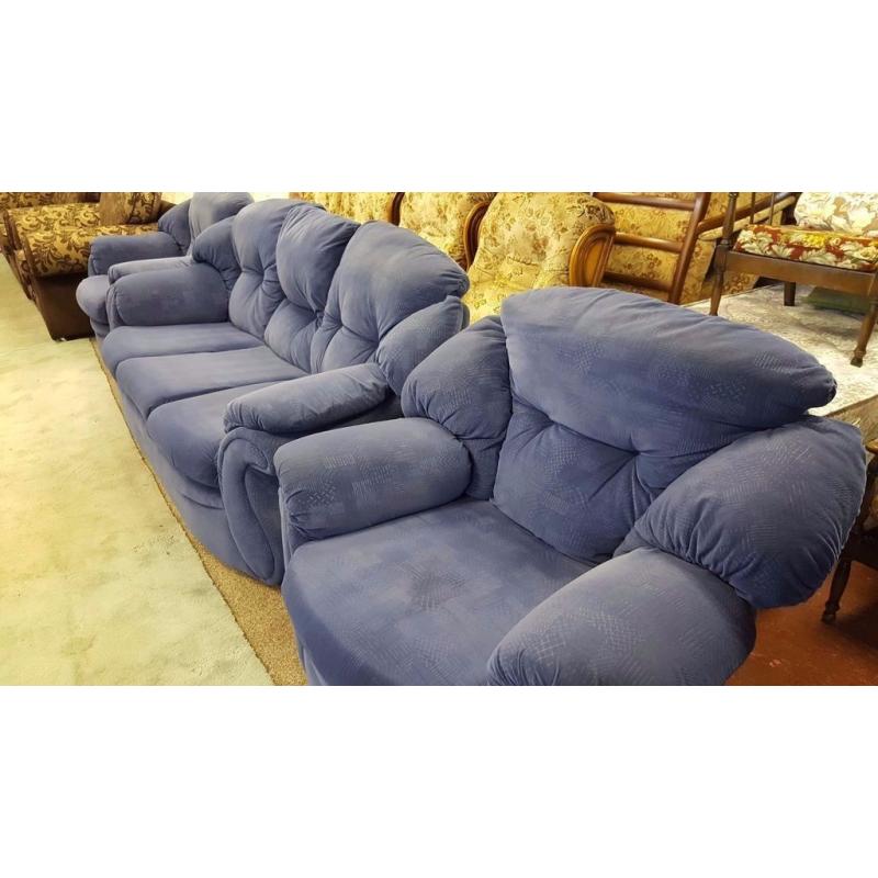 3 Seater Blue Fabric Sofa and Two Matching Armchairs