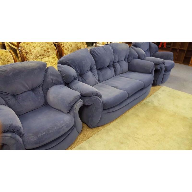 3 Seater Blue Fabric Sofa and Two Matching Armchairs