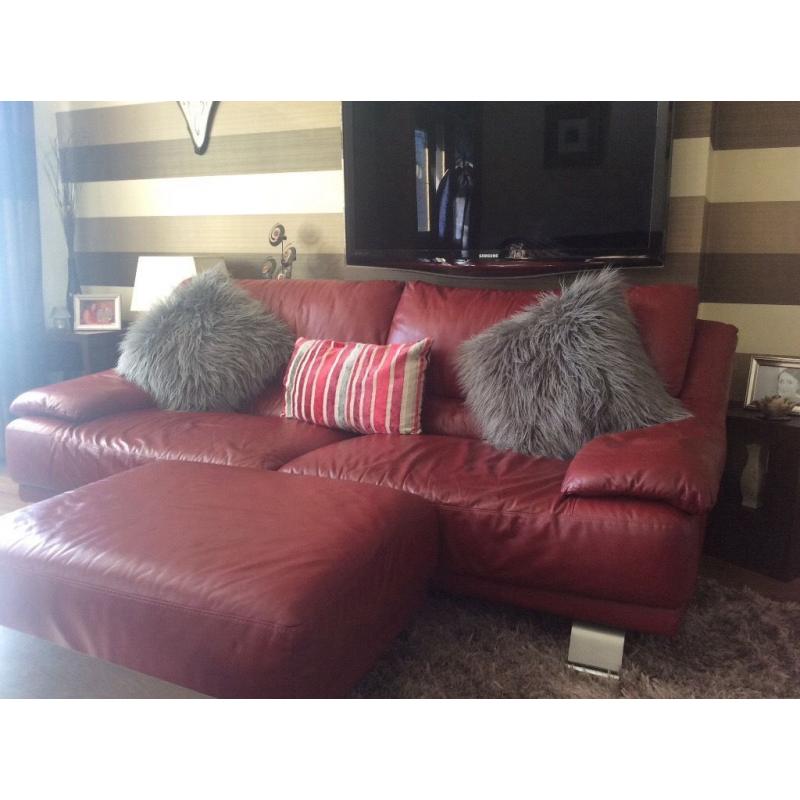 Great condition Red Leather 3 Seater Sofa with matching Footstool