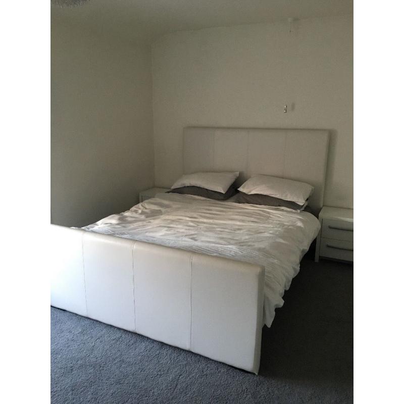 King sized bed - white, modern frame with mattress