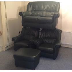 Green Leather suite & footstool (Including Delivery)