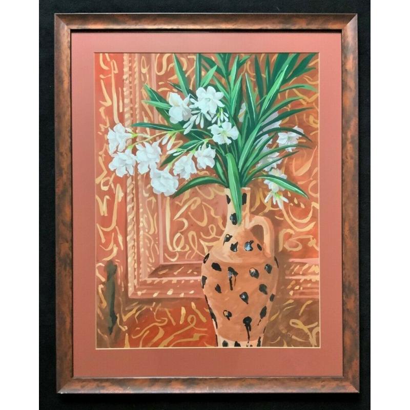 Original 20thc Contemporary Still Life Of White Flowers Floral Acrylic Painting