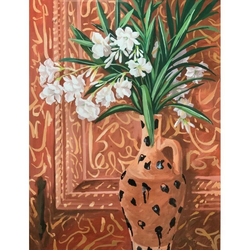 Original 20thc Contemporary Still Life Of White Flowers Floral Acrylic Painting